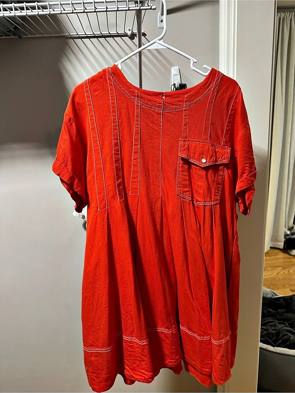 Pilcro Short-Sleeve Red Denim Mini Swing Dress in
Large